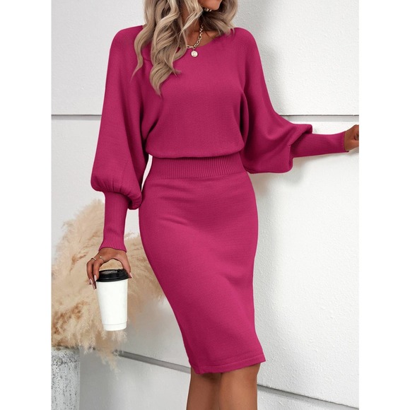 Business casual cozy Batwing Sleeve Sweater Dress midi cream - Picture 12 of 12